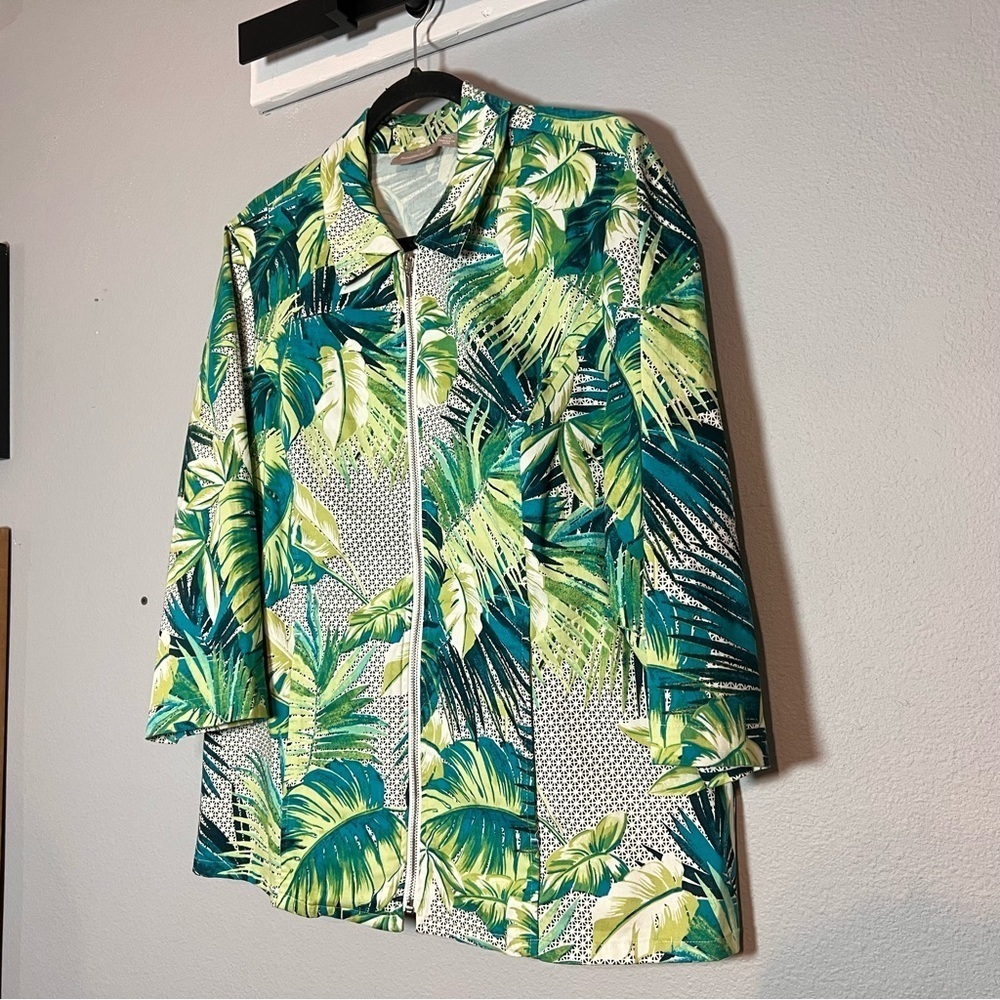 Chico’s Full Zip Jacket Tropical Palm Leaf Print Size 2 Large Cotton Stretch